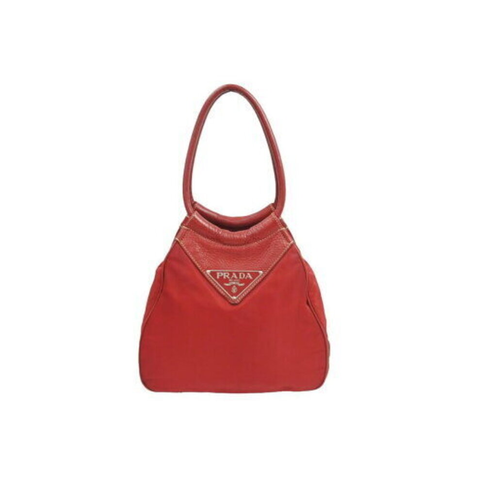 Prada Handbag Shoulder Bag Tote Triangle Plat Red Nylon Leather